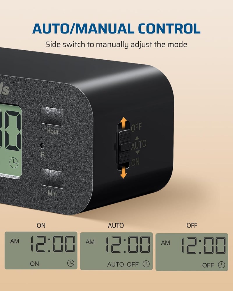 DEWENWILS 24 Hour Programmable Digital Timer Outlet with 1 Grounded Outlet, Timers for Electrical Outlets, Light Timer for Indoor Lamp Fan Aquarium, 125V/15A/1000W, 3 Prong, 1/2 HP, Black - Image 3